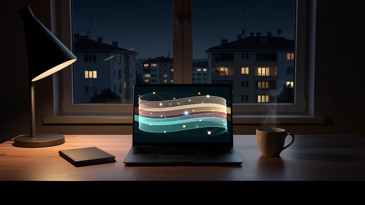 Gece şehir manzarasına karşı açık dizüstü bilgisayarda soyut yapay zekâ katmanları, yanında kahve ve defter