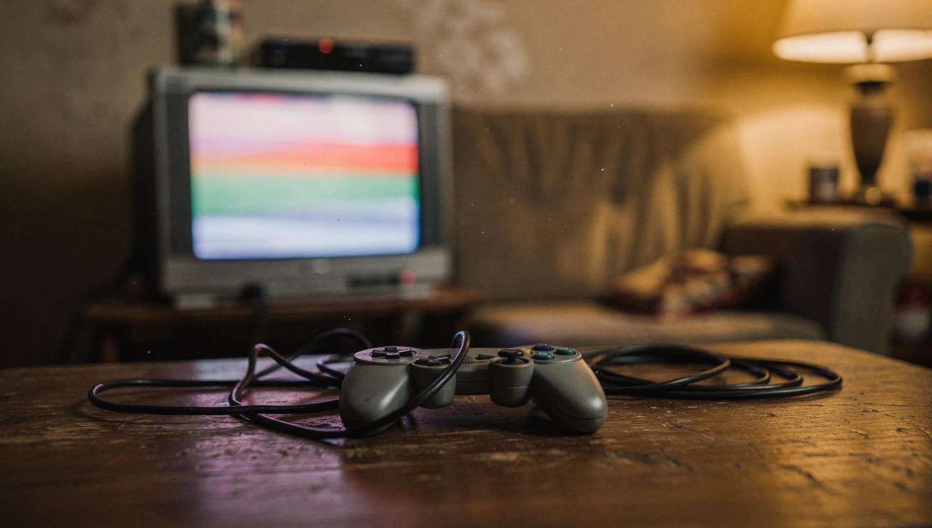 Eski oyunlara dönüş hissini veren kablolu oyun kumandası ve CRT televizyon