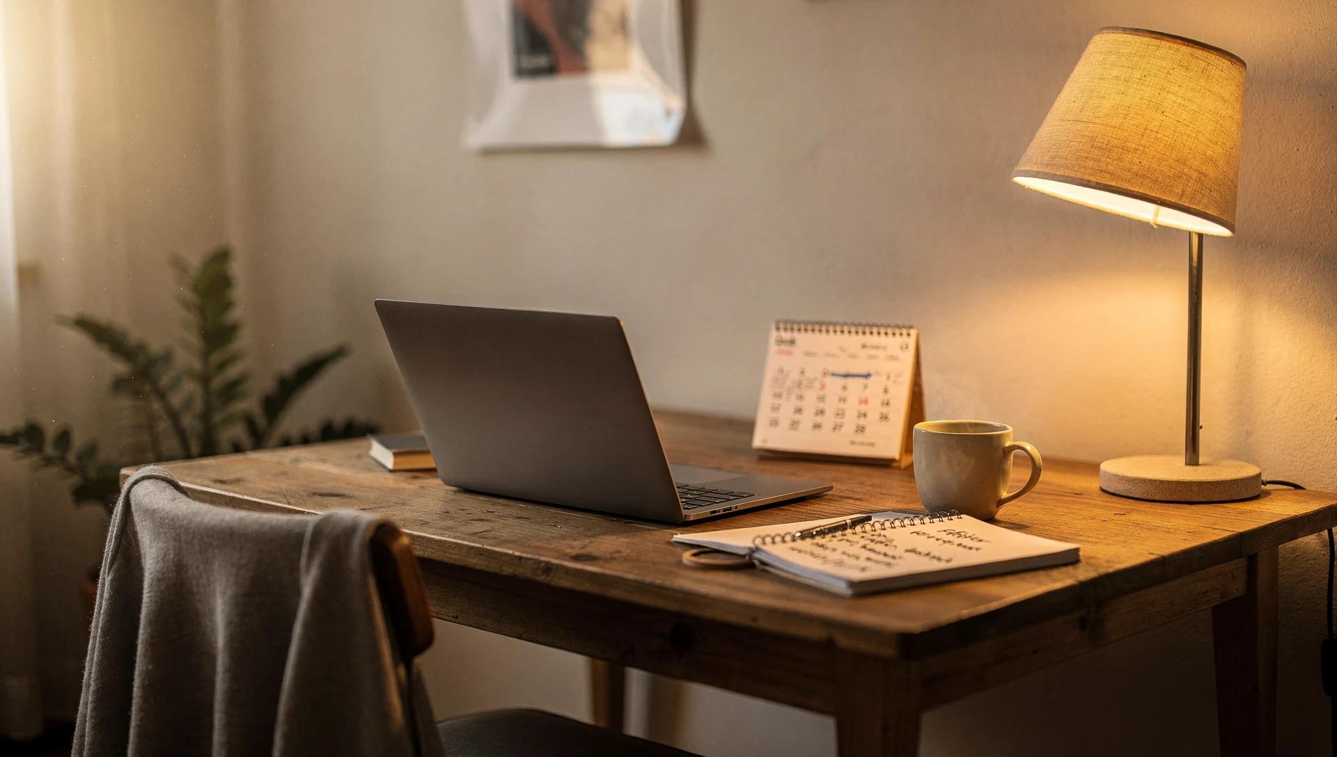 Evden çalışma düzeni için laptop, ajanda, kahve ve masa lambalı sade çalışma masası