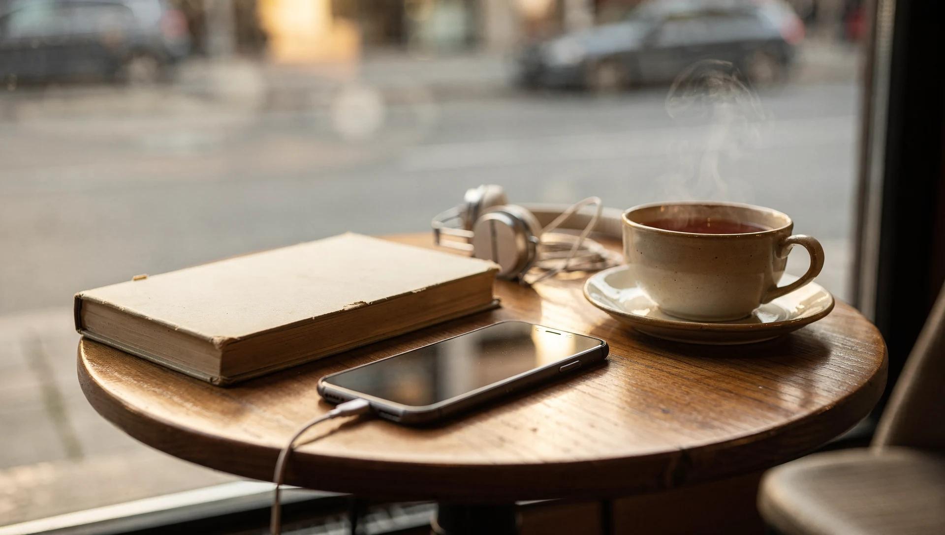 Sosyal medya molasını çağrıştıran ters çevrilmiş telefon, kitap, kulaklık ve çay